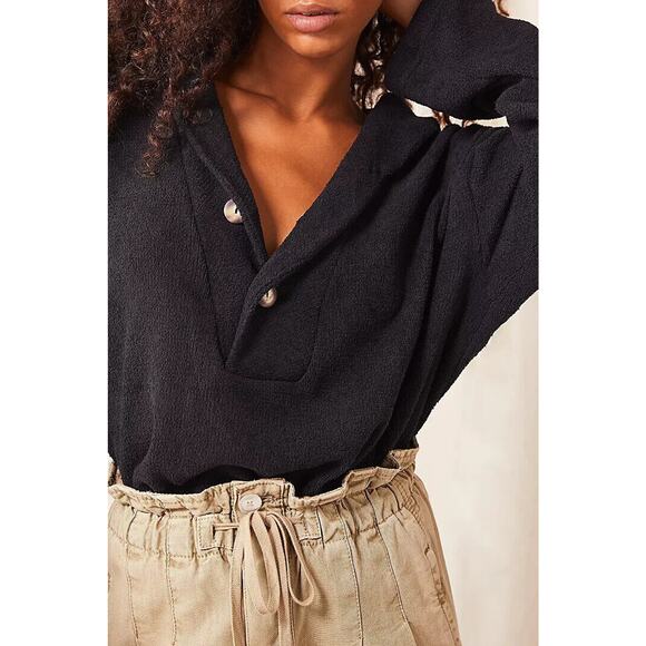 Free People x FP Beach Bino Pullover Button Crop Gathered Sweater Black Small - Picture 3 of 12